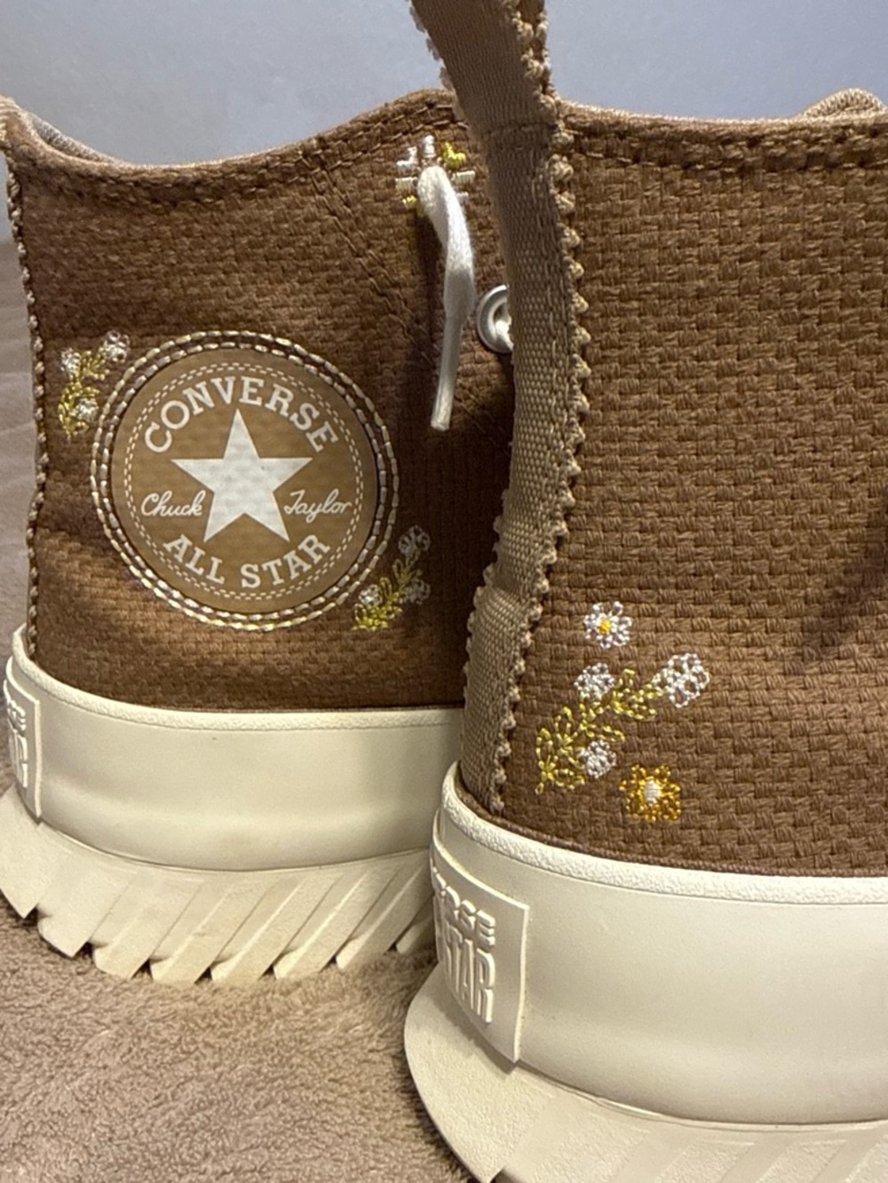Converse Kids Brown High Top Sneakers with Cream Sole and Floral Embroidery